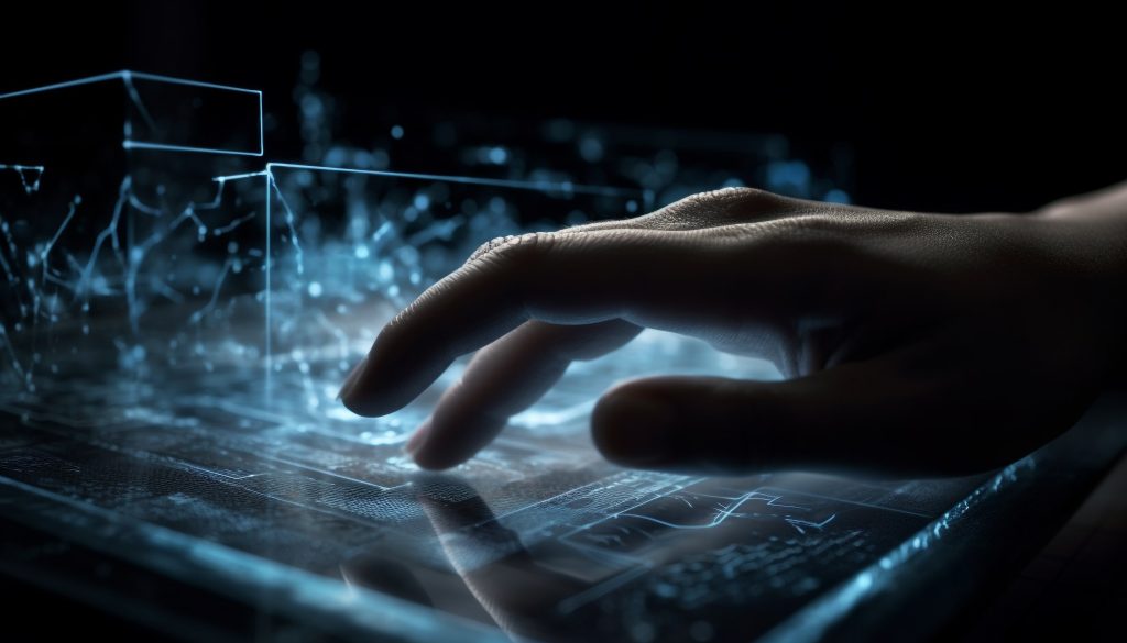 persona escribiendo computadora brillante futurista generada ia